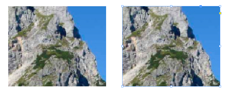 Vorher-Nachher-Vergleich zur InDesign-Funktion Inhalt zentrieren: Links ein willkürlicher, verpixelter Ausschnitt eines Berges; rechts das gleiche Motiv, das durch die Funktion exakt mittig im Rahmen ausgerichtet wurde.