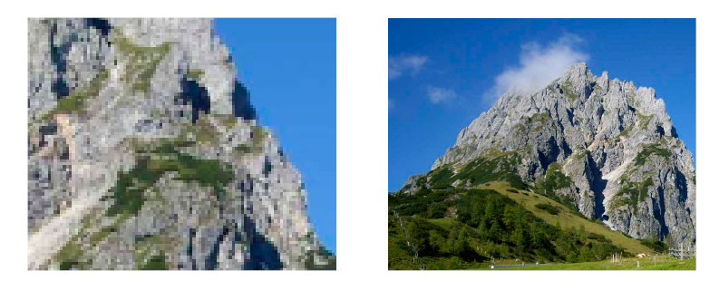 Vorher-Nachher-Vergleich zur InDesign-Funktion Inhaltssensitive Anpassung: Links ein willkürlicher, verpixelter Ausschnitt eines Berges; rechts das durch KI zentrierte Hauptmotiv der Berglandschaft.