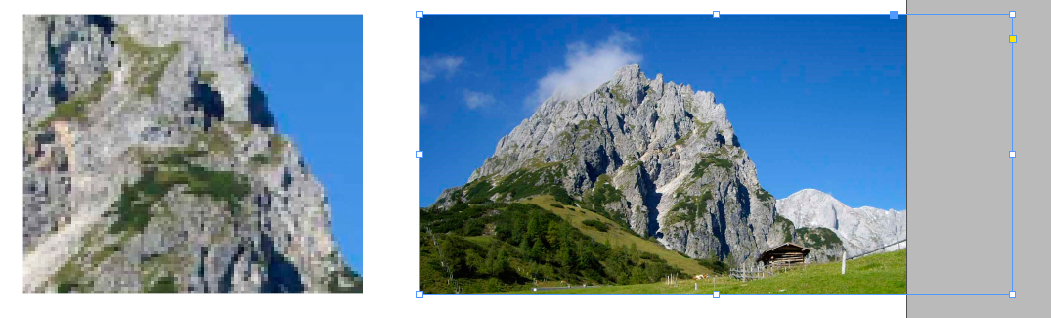 Vorher-Nachher-Vergleich zur InDesign-Funktion Rahmen an Inhalt anpassen: Links ein willkürlicher, verpixelter Ausschnitt eines Berges; rechts das vollständige Foto, an dessen Originalmaße sich der Rahmen automatisch angepasst hat.