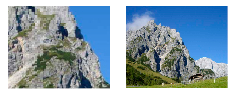 Before-and-after comparison of the Adobe InDesign feature “Fill Frame Proportionally”: On the left, a random, pixelated image of a mountain; right, the correctly proportioned image that now fills the frame without any gaps.