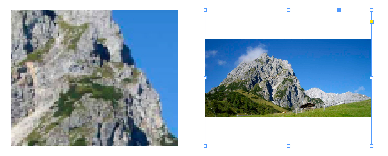 Before-and-after comparison of the Adobe InDesign feature “Fit Content Proportionally”: On the left, a random, pixelated image of a mountain; right, the complete image in its frame with visible white areas on its edges.