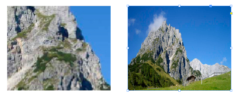 Before-and-after comparison of the Adobe InDesign feature “Fit Content to Frame”: On the left, a random, pixelated image of a mountain; right, the entire image, though disproportionately distorted, within the fixed frame dimensions.