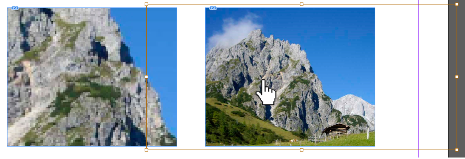 Before-and-after comparison of the Adobe InDesign feature “Interactive Adjustment”: On the left, a random, pixelated image of a mountain; right, the manually adjusted image with a hand icon for selecting the perfect display of the image.